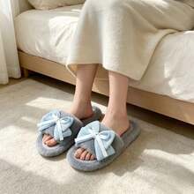 Women Fuzzy Plush Slide Slippers, Waffle Bow Decor Open‑Toe Soft Warm Indoor Bedroom House Slippers - Grey - View 8