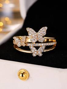 1pc Creative Three Butterfly Inlaid White Cubic Zirconia Gold Plated Yellow Stackable Ring For Women, Suitable For All Special Occasions Throughout The Year, Enhance Your Charm - White - View 3