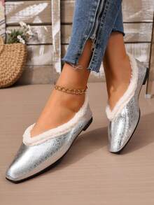 rlyza Women's Thermal Lined Square Toe Low Vamp Retro Fuzzy Trim Flats, Comfortable Warm Commuter Slip-On Fur Shoes - Silver - View 6