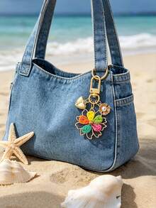 1pc Handmade Raffia Woven Double Layer Flower Hanging Ornament, Zinc Alloy Braided Rope Women's Keychain, Bohemian Vacation Style, Solid Color / Colorful Floral Design, Heart Pearl Decor Bag Charm, Couple Car Key Chain Pendant - Multicolor - View 1