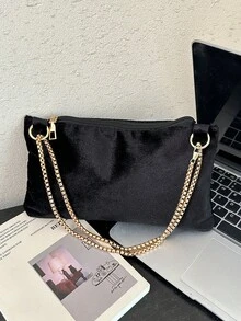 1pc Quilted Flap Closure Velvet Solid Color Envelope Clutch, Fashionable Bright Color Party Handbag, Laser Shiny Chain Shoulder Bag, Glossy Evening Banquet Small Square Bag, Perfect For Women's Dating, Party And Evening Event - Black - View 10