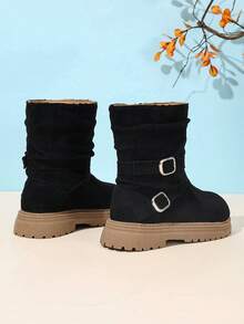 Girls' Korean Style Vintage Square Buckle Mid-Calf Boots - Black - View 1