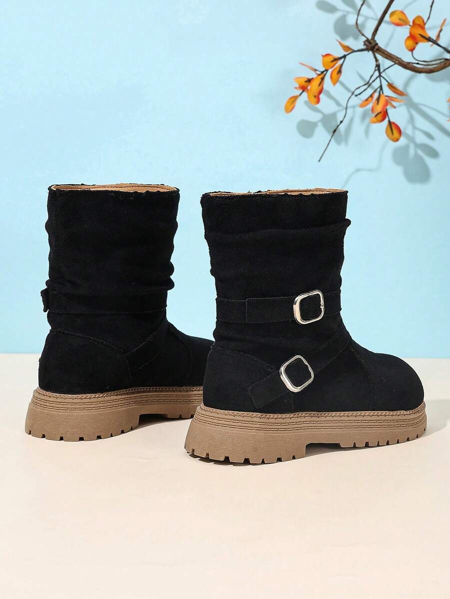 Girls' Korean Style Vintage Square Buckle Mid-Calf Boots - Black - View 1