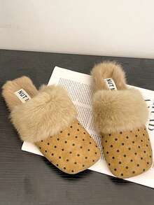 Women's Khaki Fluffy Indoor Slippers, Quiet Soft Sole, Winter Wearable Versatile Polka Dot Flat Fur Slippers, Anti-Slip Comfortable - Khaki - View 7