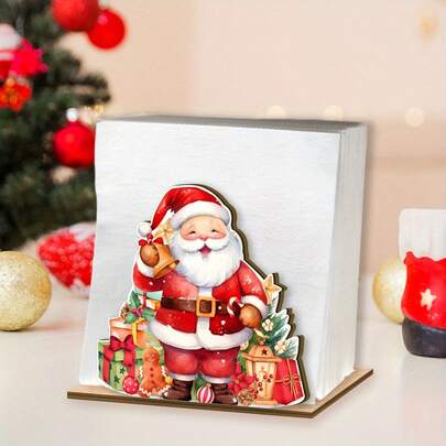 1pc Wooden Christmas Table Centerpiece - Rustic Style Tiered Napkin And Towel Holder With Santa, Holly And Candy Cane Silhouettes - Suitable For Home, Hotel, Office Tiered Tray Decor - Wooden Natural Base (Bark) Kitchen/Dining Room/Bathroom