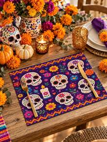 Day Of The Dead Sugar Skull Table Runner, Pillow Case, Placemat, Mexican Style Party Decoration, Purple Floral Candle Pattern, Day Of The Dead Tablecloth, Bohemian Kitchen Home Decor - Multicolor - View 4