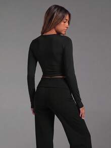 2pcs Yoga Fitness Workout Set: Wrap Waist Long Sleeve Sports Top + High Waist Wide Leg Pants - Black - View 8