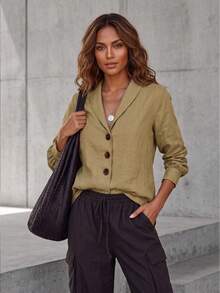 Kemeja Wanita Kasual Lengan Panjang Kerah Syal Kancing Depan, Kain Linen Nyaman, Cocok untuk Dipakai di Musim Gugur - Khaki - View 1