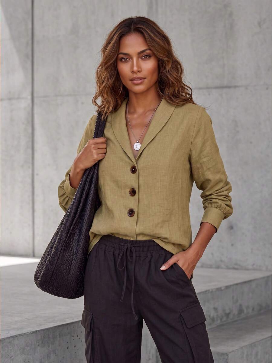 Kemeja Wanita Kasual Lengan Panjang Kerah Syal Kancing Depan, Kain Linen Nyaman, Cocok untuk Dipakai di Musim Gugur - Khaki - View 1