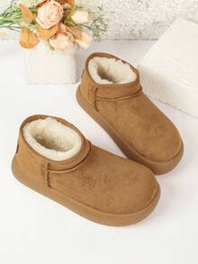 Women's Solid Color Faux Suede Slip-On Ankle Boots, Fuzzy Lining Minimalist Thick Sole Ankle Boots - Khaki - View 4