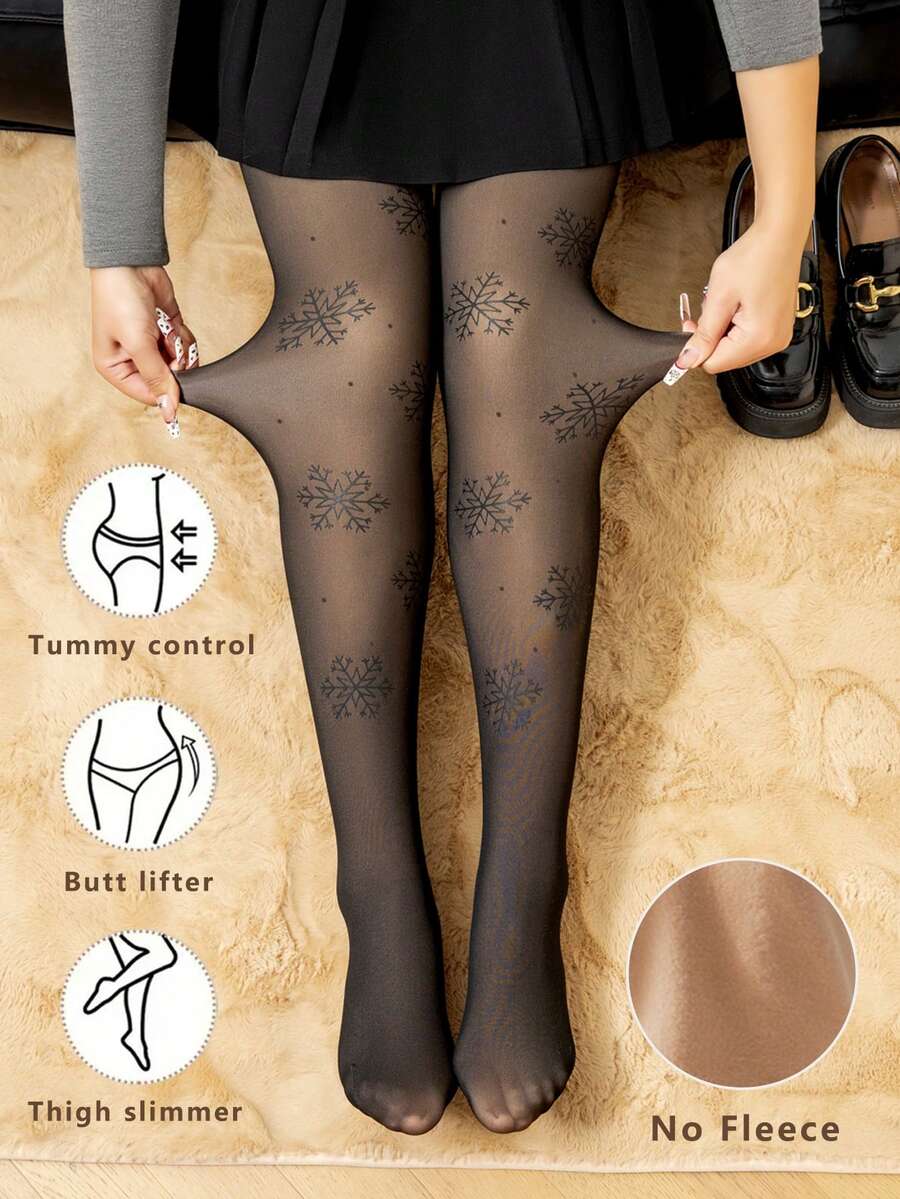 1 Pair Christmas Snowflake Pattern Black Tights, Vintage Faux Sheer Printed Leggings, High Elastic Slimming Holiday Decorative Tights - Multicolor - View 1