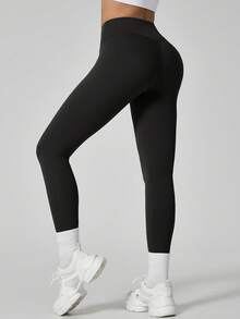 NcmRyu Women's 1pc Solid Color High Waist Minimalist Butt-Flattering Tummy Control Running Workout Leggings, Autumn/Winter - Black - View 10