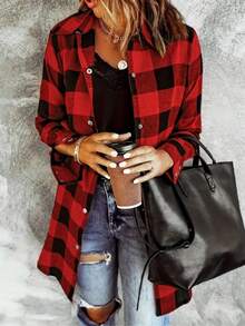 Plus Size Women Plaid Button Pocket Casual Long Sleeve Shirt - Red - View 3