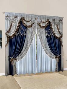 2pcs New Winter Decorative Pendant Christmas Ball Pattern Printed Rod Pocket Curtains, Modern Minimalist Fashion Digital Print Window Drapery Semi-Blackout Rod Pocket Curtains, Daily Use, All Seasons - Multicolor - View 1