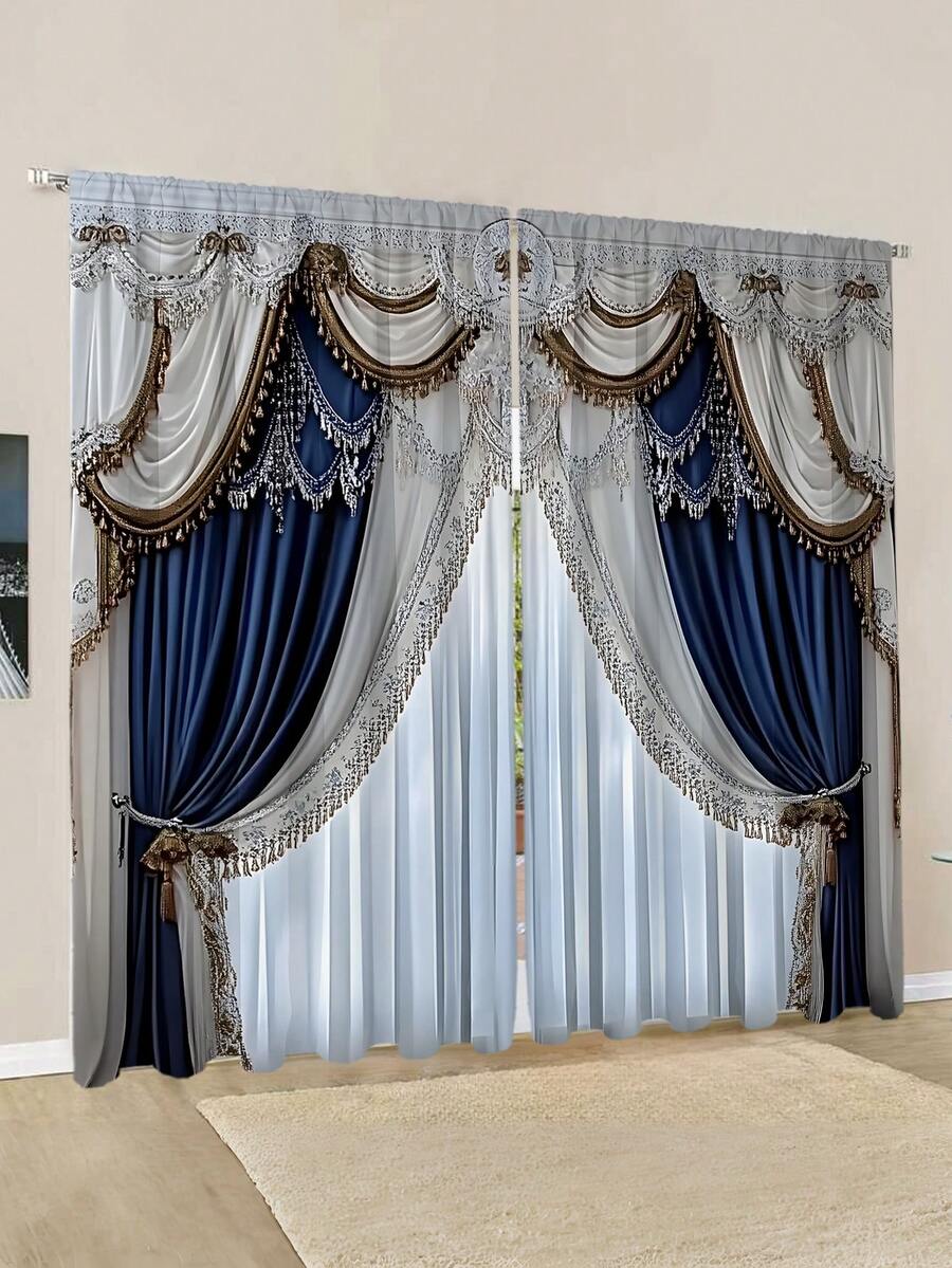 2pcs New Winter Decorative Pendant Christmas Ball Pattern Printed Rod Pocket Curtains, Modern Minimalist Fashion Digital Print Window Drapery Semi-Blackout Rod Pocket Curtains, Daily Use, All Seasons - Multicolor - View 1
