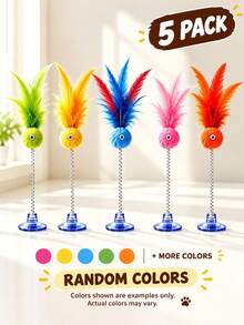 5/3/1pc Suction Cup Spring Plush Ball Cat Toy, Interactive Feather Teaser Wand, Random Color - Multicolor - View 10