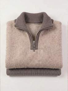 Sweater Rajut Wanita Setengah Rits Kontras Warna dengan Trim Berusuk Leher Tinggi Pullover Lembut Warna Oatmeal Atasan Jumper - warna oatmeal - View 5