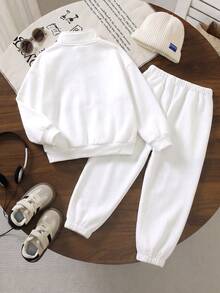 2pcs/Set Girls Toddler Autumn/Winter Sporty Half-Zip Stand Collar Sweatshirt & Jogger Pants Casual Minimalist Versatile Outfit - White - View 2