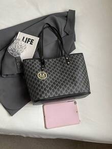 Classic Black All-Over Print M Letter Tote Bag, Detachable Metal Letter Logo And M Round Pendant On Front, Loose Large Capacity Open Top (Pendant Not Included) - Black - View 3