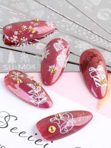 5pcs Christmas Theme Nail Art Stamping Plates, Winter Snowflake Snowman Christmas Tree Bell Gift Box Design Nail Art Templates, Reusable Stainless Steel Nail Art Tools, DIY Nail Art Printing Templates Nail Art Tools - Silver - View 9