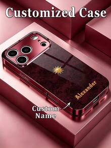 1pc Customized Name Fashion Phone Case, Burgundy Background With Dark Rose Pattern And Gold Sun Emblem, High-Definition Electroplated Glass Shell Compatible With Apple Duo/18ProMax/17ProMax/16Pro/15/14Plus/13Pro/12ProMax/11/XsMax & S26Ultra/25Plus/24/23/22 & A36/A35/A33/A31/A26/A15/A13/Note20/10Pro And Other Series Models - Burgundy - View 1
