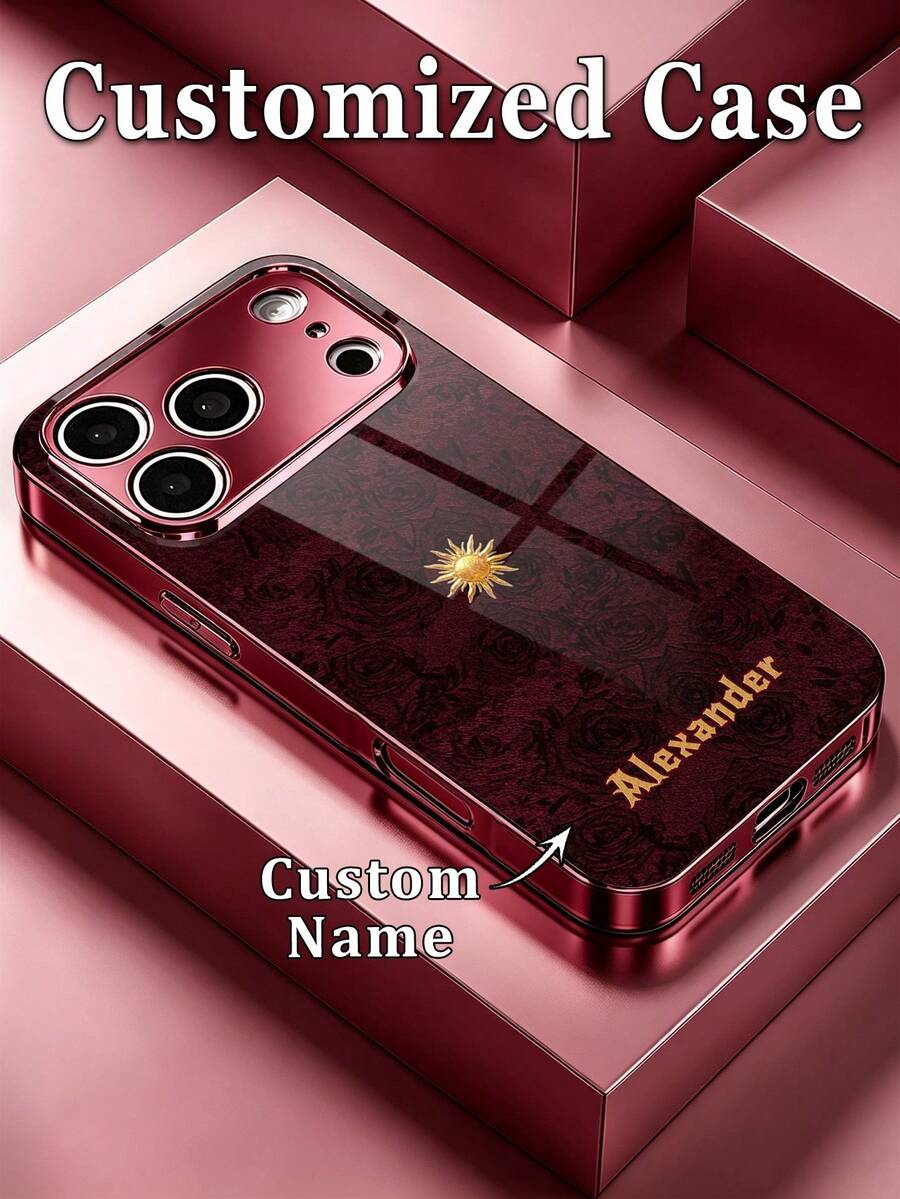 1pc Customized Name Fashion Phone Case, Burgundy Background With Dark Rose Pattern And Gold Sun Emblem, High-Definition Electroplated Glass Shell Compatible With Apple Duo/18ProMax/17ProMax/16Pro/15/14Plus/13Pro/12ProMax/11/XsMax & S26Ultra/25Plus/24/23/22 & A36/A35/A33/A31/A26/A15/A13/Note20/10Pro And Other Series Models - Burgundy - View 1