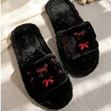 Women's Plush Open Toe Slippers, Red Bow Embroidery Decor, Warm & Non-Slip, Suitable For Indoor Bedroom Home Wear - Black - View 8