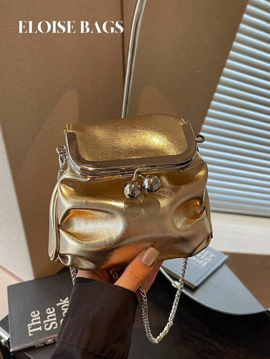 Premium Textured Metal Gold Clasp Mini Bag, Soft Pleated Chain Crossbody Evening Handbag
