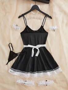 Cute Lolita Party Costume 6-Piece Set (Headband, Leg Rings*2, Sleeves*2, G-String, Dress, Apron), Kawaii Maid Role Play Lace Backless Apron COSPLAY Women's Outfit Accessory Set - Black - View 4