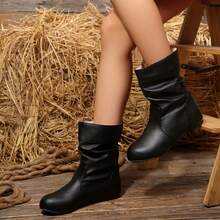 Sepatu Bot Wanita Hitam Baru Setinggi Betis dengan Hak Wedges Tersembunyi, Desain Berkerut, Sepatu Bot Berkuda, Sepatu Bot Western Modis dan Serbaguna - Hitam - View 1