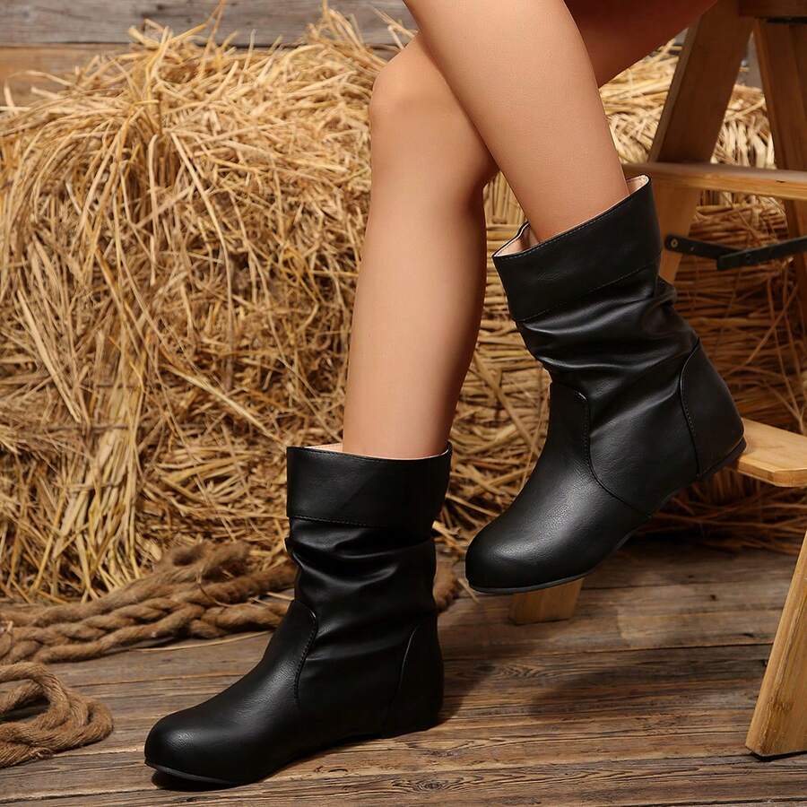 Sepatu Bot Wanita Hitam Baru Setinggi Betis dengan Hak Wedges Tersembunyi, Desain Berkerut, Sepatu Bot Berkuda, Sepatu Bot Western Modis dan Serbaguna - Hitam - View 1
