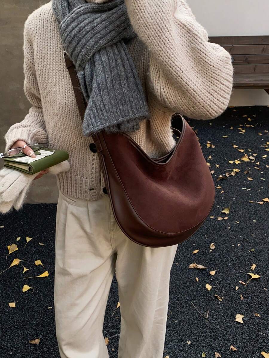 1pc Suede Patchwork Hobo Bag, Minimalist Commuter Versatile Shoulder Bag Crossbody Bag, Suitable For Women Shopping, Work Commuting, Daily Use - Multicolor - View 1