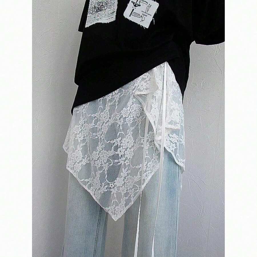 1pc Asymmetrical Yarn Lace Apron Dress, Elegant Yarn Skirt With Multi-Functional Suspender Design, Floral Print - Multicolor - View 1