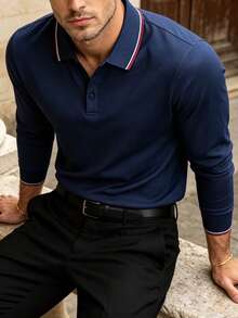 Men's Spring/Autumn Fashion Casual Loose Fit Long Sleeve Polo Shirt With Turn-Down Collar, Suitable For Daily Commute And Travel - Navy Blue - View 3