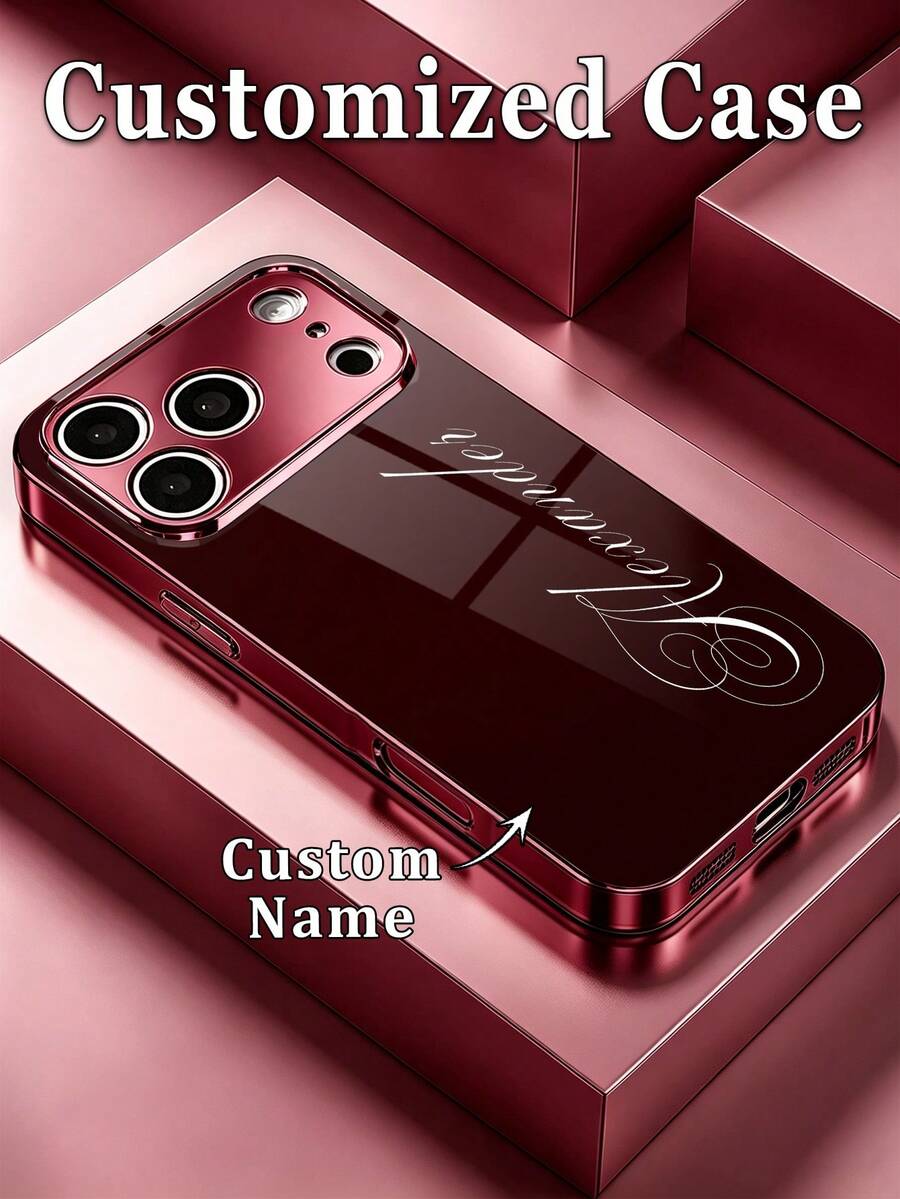 1pc Customized Elegant Cursive Name Fashion Phone Case, Burgundy Electroplated Frame Glass Shell Compatible With Apple 18ProMax/Duo/17ProMax/16Pro/15/14Plus/13Pro/12ProMax/11/XsMax & S26Ultra/25Plus/24/23/22 & A36/A35/A33/A31/A26/A15/A13/Note20/10Pro And Other Series Models, Unique Design Gift For Yourself, Friends, Family, Sisters, Best Friends, Grandparents. - Burgundy - View 1
