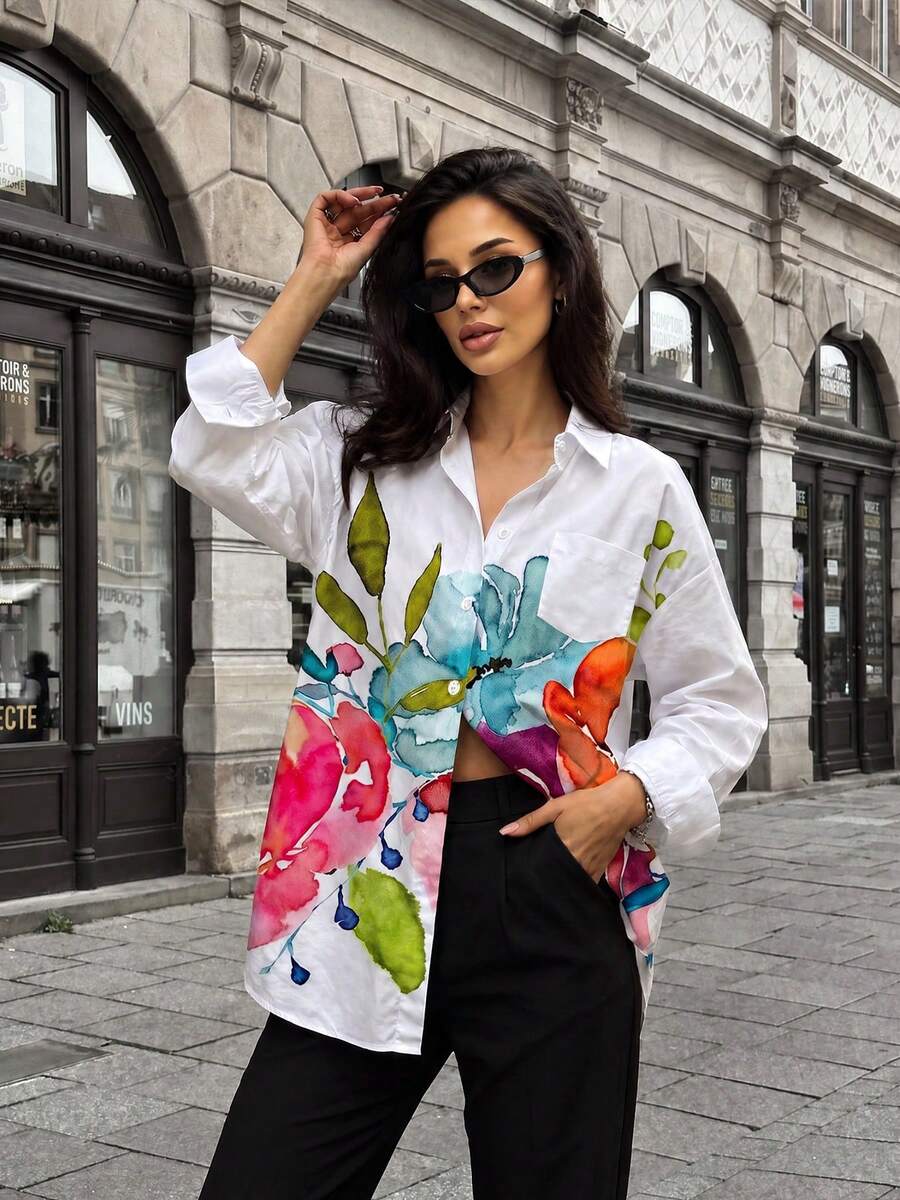 Women's Casual Ditsy Floral Long Sleeve Shirt - Blue - View 1