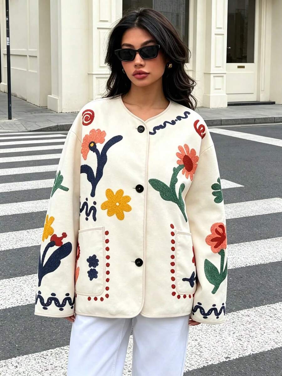DEEKA Autumn New Women's European And American Style Fashion Minimalist Versatile Floral Print Jacket - Beige - View 1
