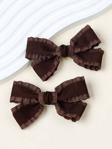 2PCS Elegant Brown Hair Clips Girls And Women Cottagecore Ruffle Bow Side Clips French Vintage Bow Hair Clips For Women Autumn Winter Hair Accessories - Brown - View 2