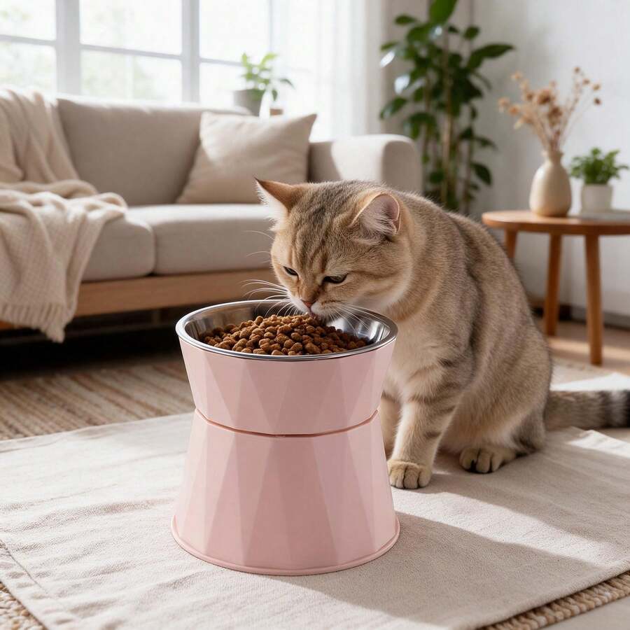 1 Set Non-Slip Stainless Steel Pet Bowl With Raised Stand To Protect Neck, Tilted Design To Prevent Spillage And Bloating, Suitable For Cats And Dogs, Comfortable Height To Promote Healthy Eating
