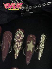 10片手工全覆蓋尖形穿戴甲，紅紫色啞光面，3D金色浮雕星星設計，Y2K奢華巴洛克風，可拆卸甲片附果凍膠與指甲锉，適合日常配戴、浪漫晚餐與晚間出遊 - 中紫紅色 - 查看 4