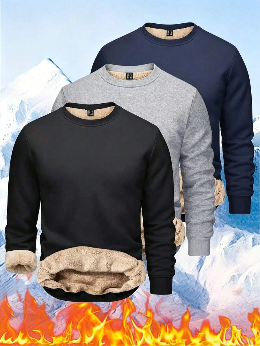 Men's Casual Warm Thermal Lined Crew Neck Sweatshirt, Black Sports Style For Autumn/Winter - Black - View 1