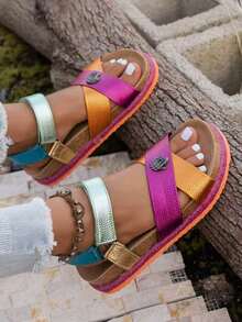 Rainbow Colorblock Wedge Sandals For Women, Hook-And-Loop Backless Thick Sole Platform Shoes, Lightweight Non-Slip Beach Vacation Casual Versatile Height-Increasing Sandals - Multicolor - View 5