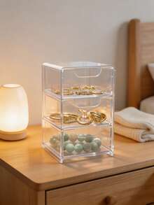 1pc 3-Layer Drawer Jewelry Storage Box, Multi-Compartment Desktop Organizer For Earrings, Hair Accessories, Cosmetics And Small Trinkets, Bedroom Office Study Makeup Drawer Storage, Home Decor And Desktop Storage Supplies - Multicolor - View 8