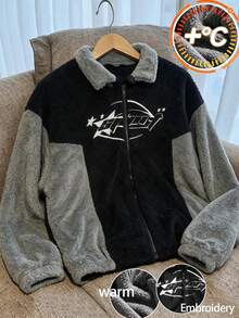 Lurzo Teen Boys Autumn/Winter Y2K Street Style Plush Fleece Zip-Up Jacket, Contrast Color Embroidery Design, Racing Style, Back To School Outfit - Black - View 4