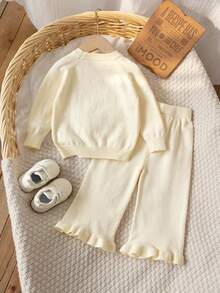 2pcs/Set Girls Sweet Delicate Floral Pattern Round Neck Long Sleeve Knit Sweater And Ruffle Hem Wide Leg Knit Pants Casual Sweet Outfit Suitable For Daily Wear, School, Spring, Autumn, Winter - Apricot - View 2