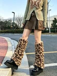 Leopard Print Plush Leg Warmers Y2K Fluffy Loose Boot Covers Vintage Street Style Winter Leg Socks - Multicolor - View 5