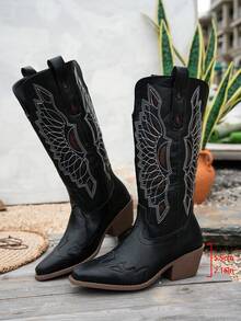Elegant Women's Vintage Embroidered Western Cowboy Boots, Pointed Toe Chunky Square Heel Mid-Calf Riding Boots, Fashion Coachella Style - Black - View 4