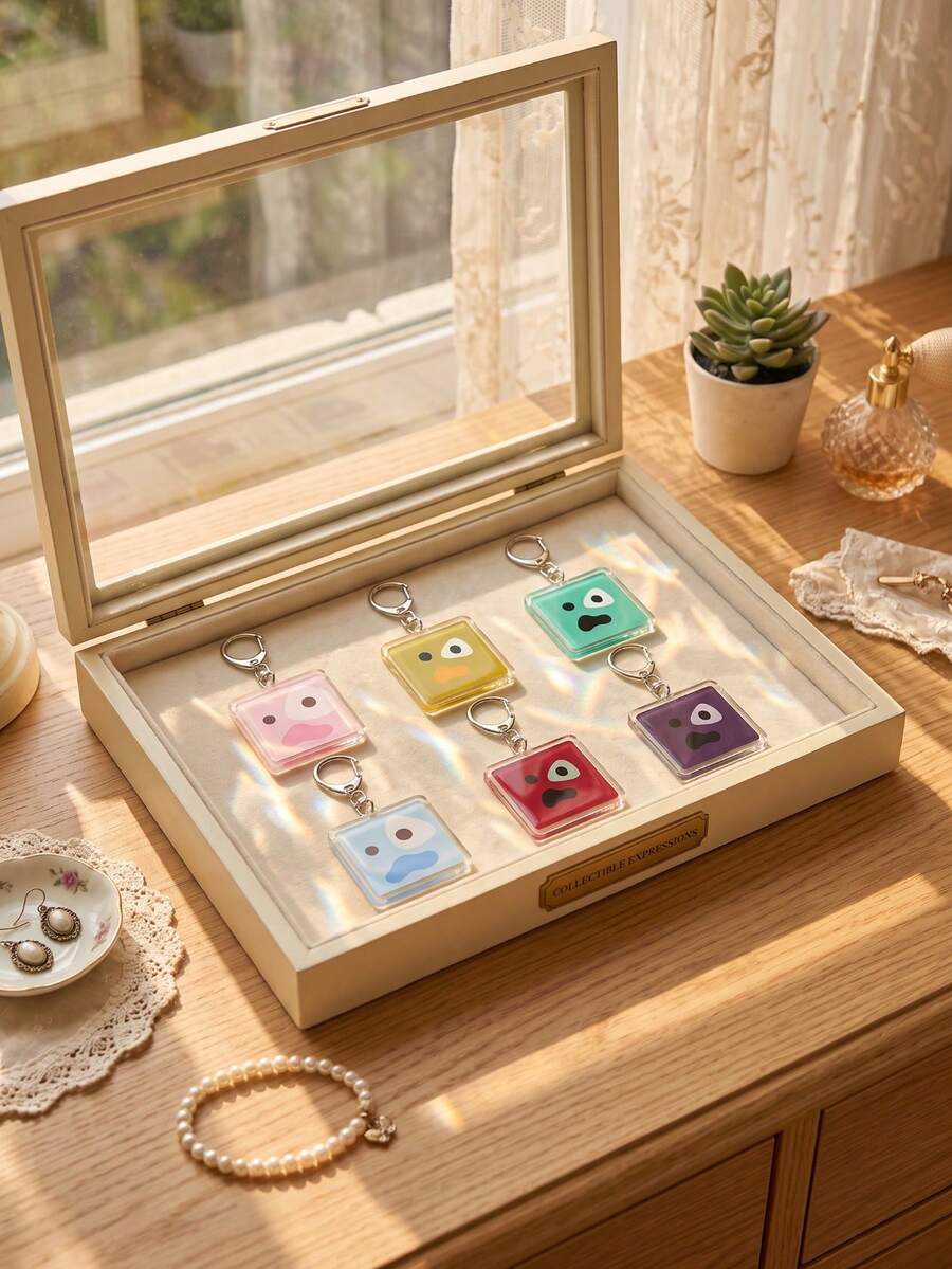 1pc/6pcs Cute Corit Minimalist Expression Aesthetic Acrylic Keychains, Simple Style Misaligned Eye Series Six Colors Funny Adorable Shocked Expression Square Pattern Pendant, Backpack & Car Key Accessory, Gift For & Funny Art Lovers - Multicolor - View 1