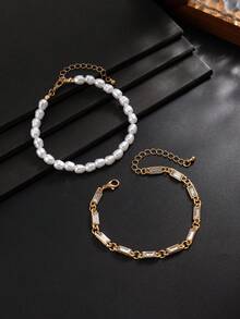 2pcs/Set French Vintage Emerald Green Square Rhinestone & Pearl Bracelet, Gold Chain Layered Hand Jewelry, Casual Daily Accessory For Back To School Season, Gift - 2pcs - View 4
