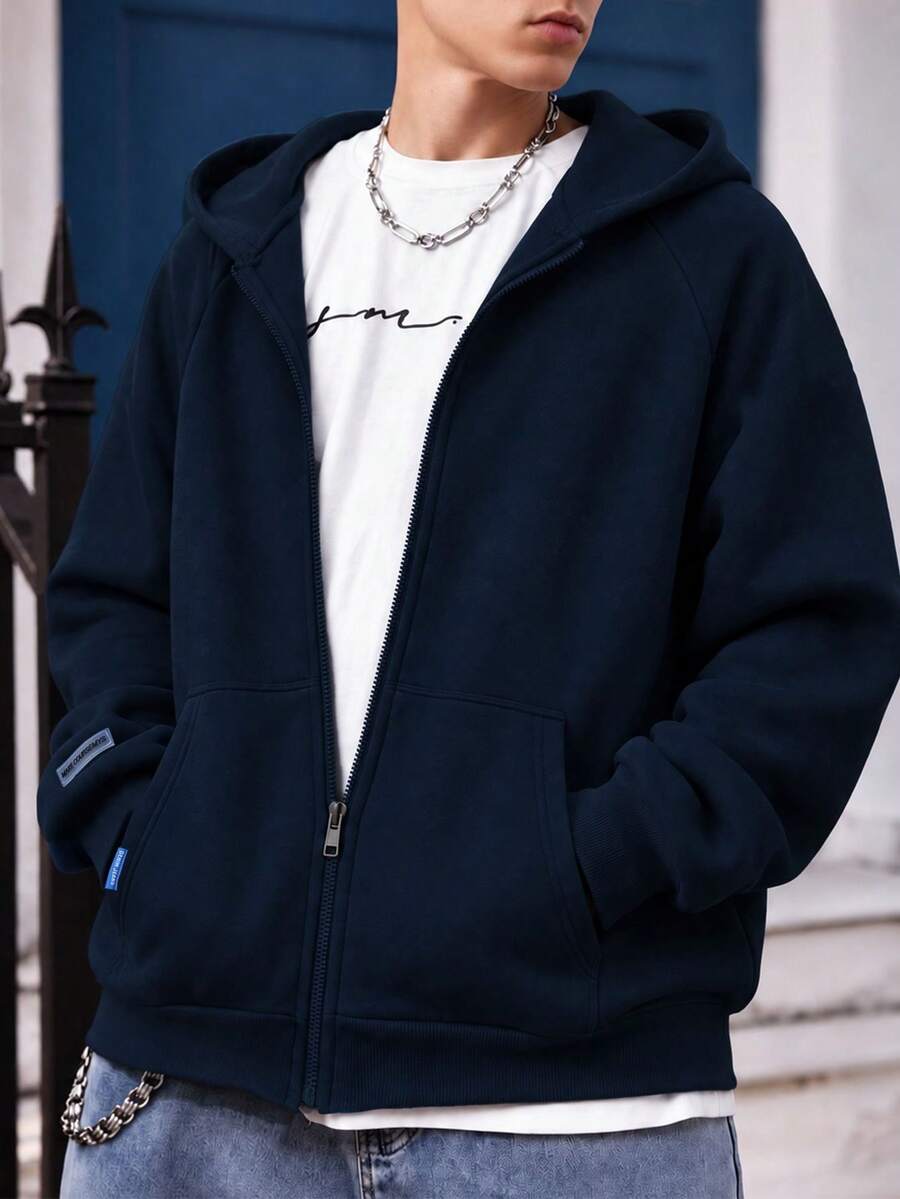 1件青少年男童休闲纯色运动简约抓绒卫衣外套,秋冬儿童服装 - 藏蓝色 - 查看 1